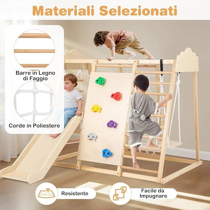 8 in 1 Set da Arrampicata per Bambini, Palestra in Legno da Interno con Sbarre Scivolo Altalena Scala in Corda e Roccia/Rete da Arrampicata, per Bambini 3 Anni+ (Naturale)