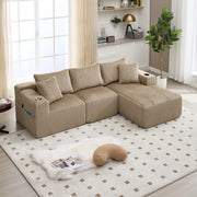Canapé modulare con chaise longue e 2 posti con tasche laterali portabicchieri e 5 cuscini in velluto khaki