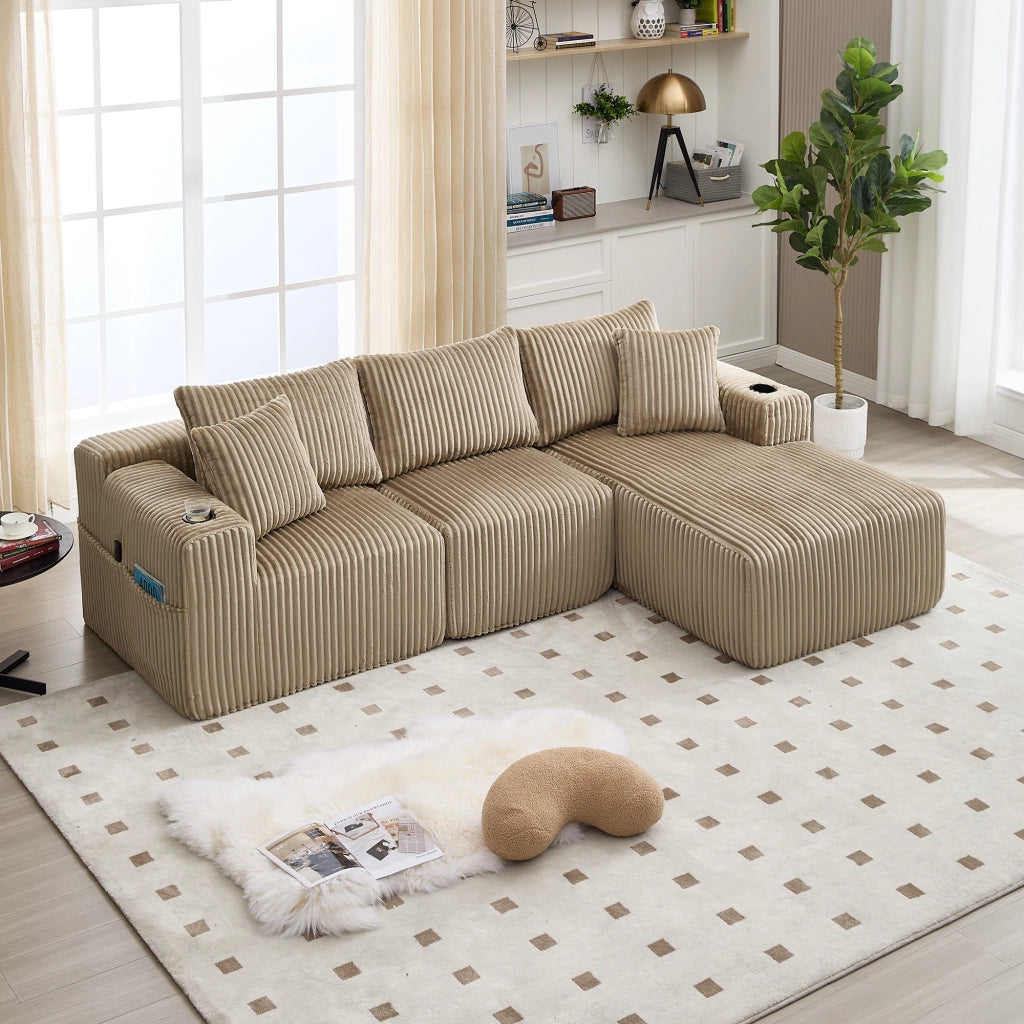 Canapé modulare con chaise longue e 2 posti con tasche laterali portabicchieri e 5 cuscini in velluto khaki