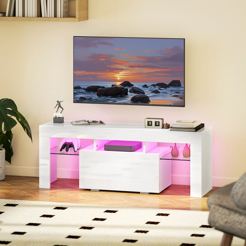 Mobile TV con illuminazione LED, ripiani in vetro temperato, bianco ¨C zephmum ¨C 120x34x45
