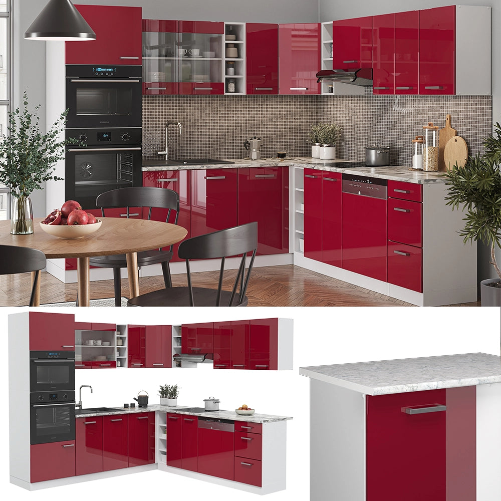 Vicco Cucina angolare completa Rosso lucido/bianco 247 x 46 cm senza piano di lavoro
