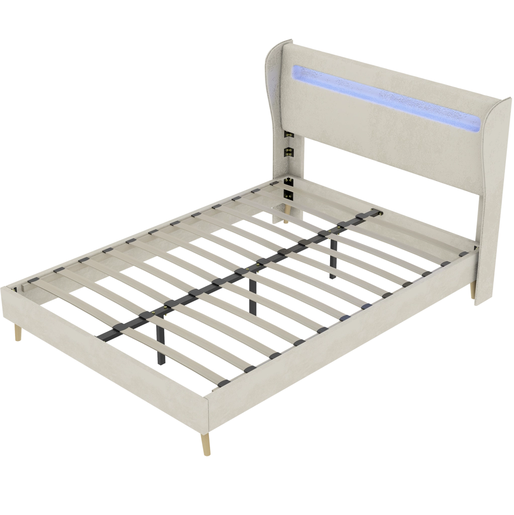 Letto imbottito con LED regolabile 140 x 200 cm in tessuto e metallo beige