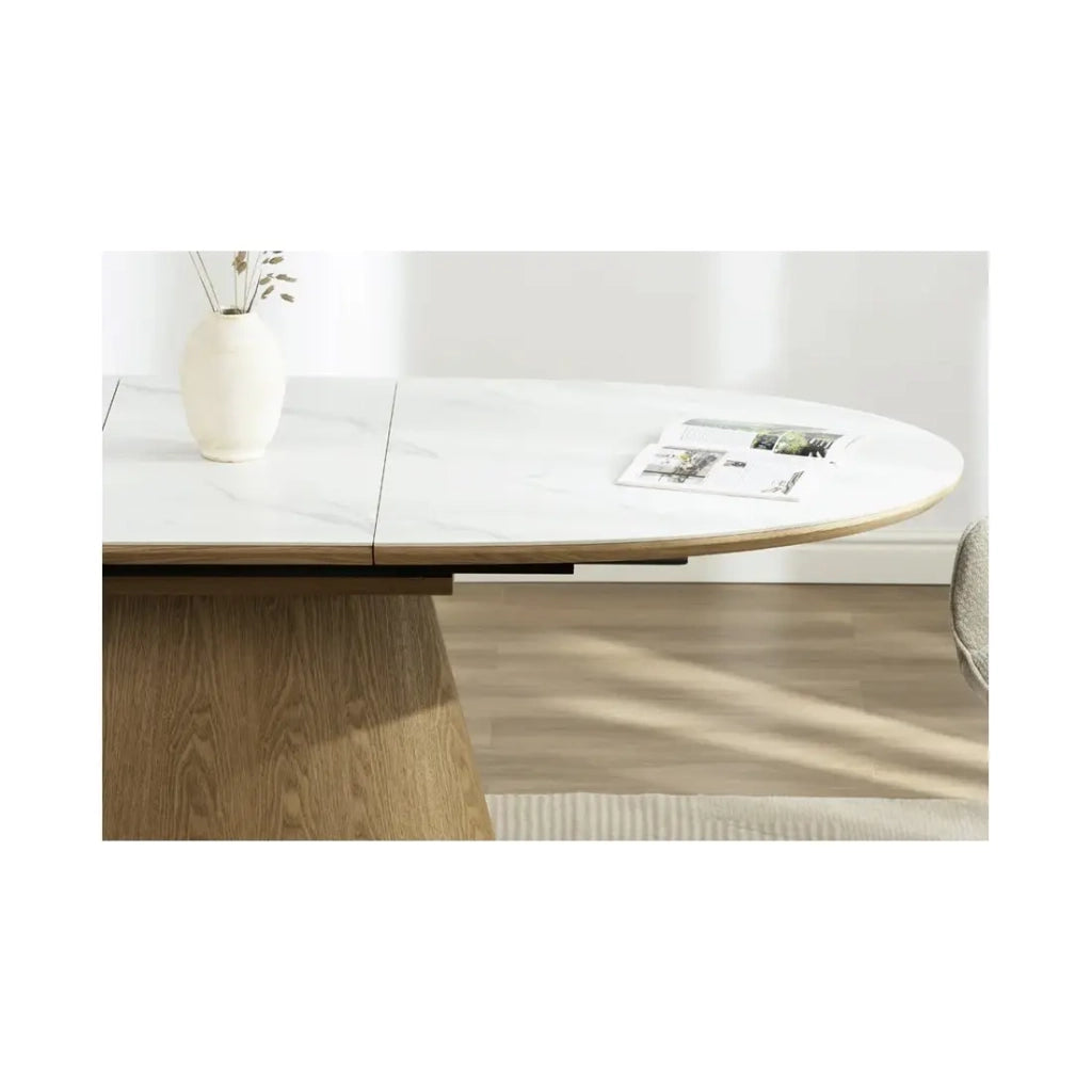 Table LUMEA – Effetto marmo bianco ceramico e legno – 160-200 cm – Estensibile – Forma ovale