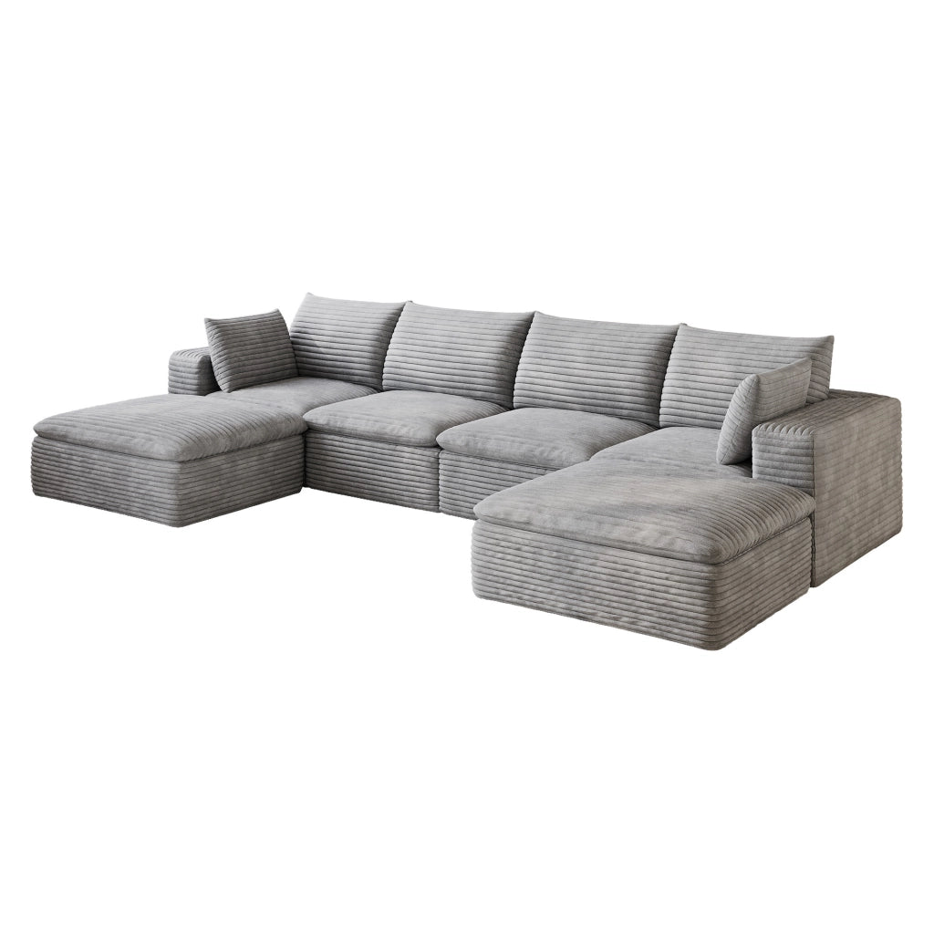 Divano modulare in tessuto grigio con supporto in schiuma; design componibile e imballo compresso