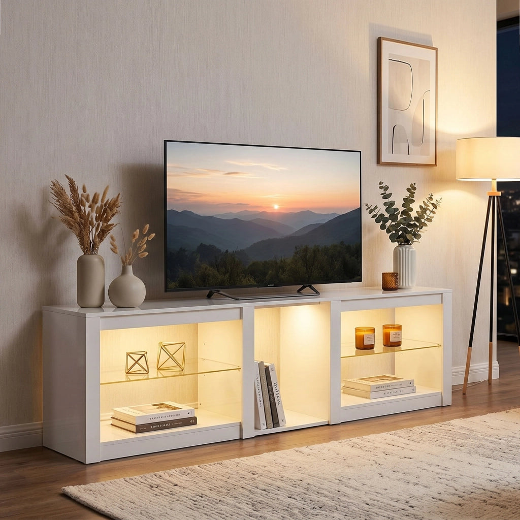 Mobile TV con Illuminazione LED RGB ¨C Xylo ¨C Bianco, Ripiani in Vetro Regolabili, fino a 75 Pollici
