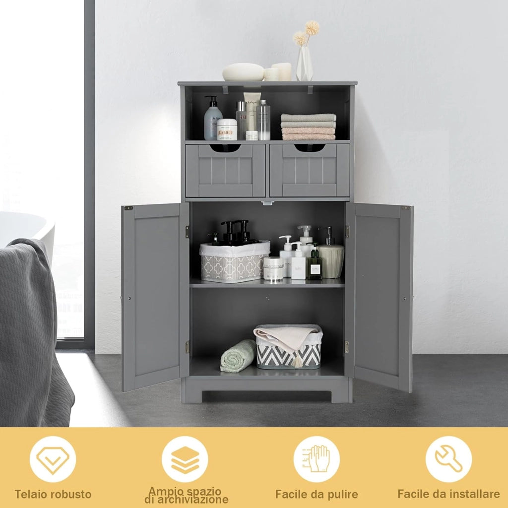 Armadietto Terra da Bagno Mobile Autoportante, Mobiletto Ufficcio Multiuso, con Cassetti e Ripiani, Ampio Spazio, Legno (Grigio)
