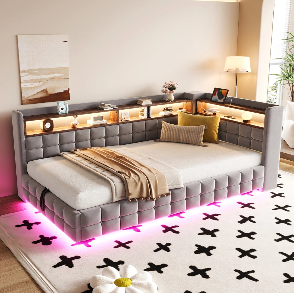 Letto imbottito 90x200 cm con contenitore idraulico; LED; USB-C; ripiani; velluto grigio chiaro