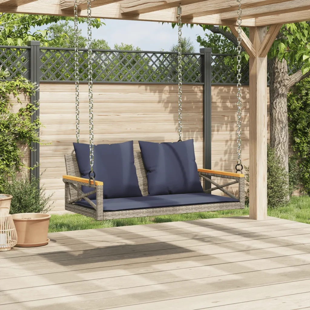 Panca da Giardino | Panchina Dondolo con Cuscini Grigia 109x62x40 cm in Polyrattan