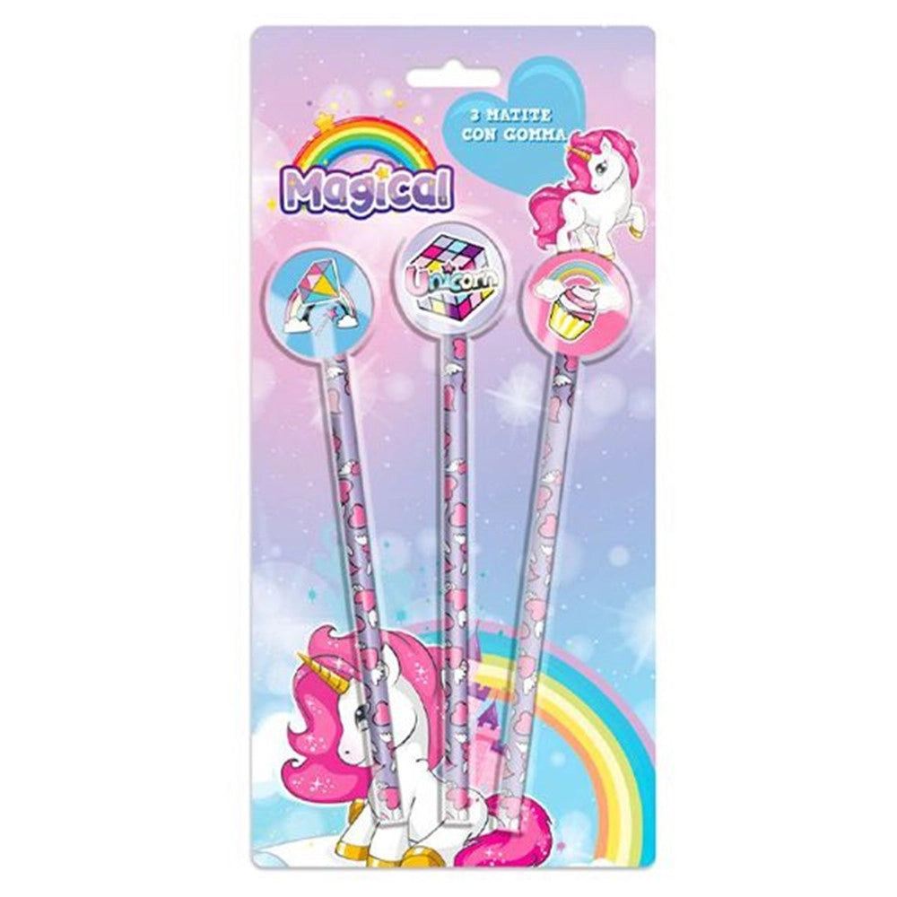 Trade Shop - Set 3pz Matite Con Gomma Tema Magico Unicorno Accessori Disegno Scuola Bambine 735706 -