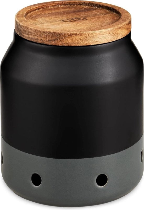Conservatore di aglio Elmdon, nero/grigio, organizzazione cucina, contenitore per la riserva di aglio fresco, ceramica/acacia/silicone (H) 120 mm x (D) 110 mm