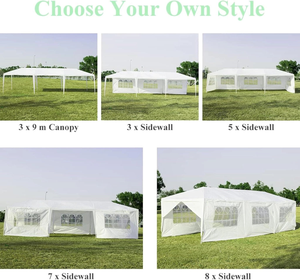 Gazebo da Giardino, 3 x 9 m, con 8 Pareti Laterali, Gazebo Pieghevole in Metallo, Tenda da Birra, con Protezione UV, per Feste, Matrimoni, Bianco