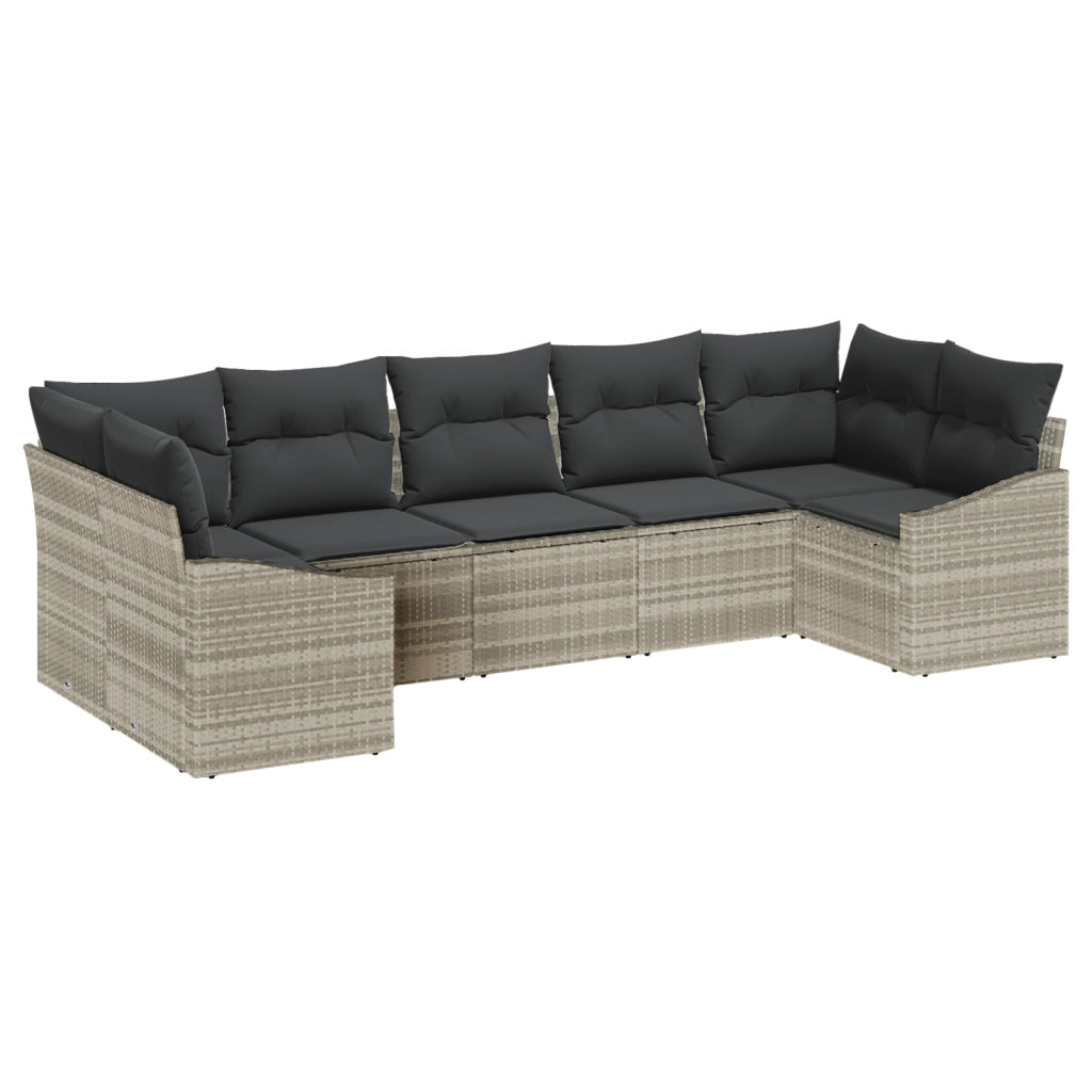Set da pranzo da giardino 7 pezzi con cuscini grigio chiaro in polirattan