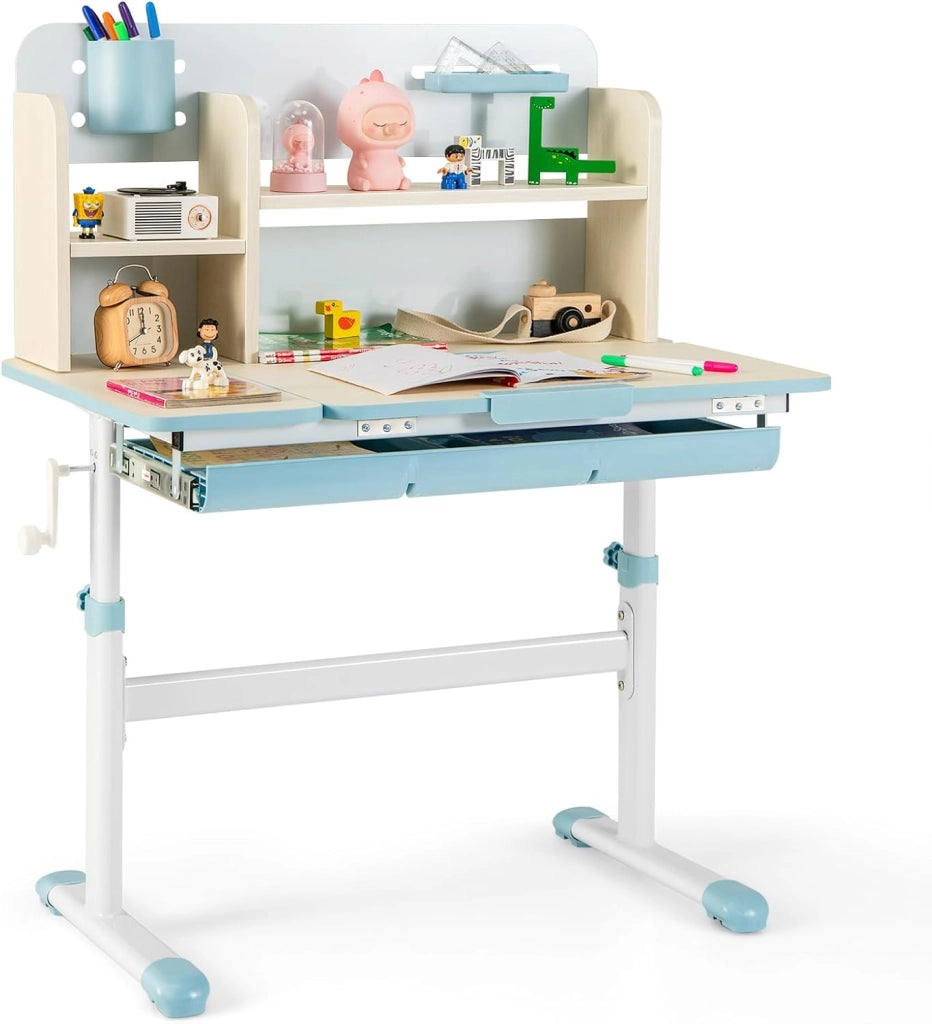 Scrivania per Bambini 3+ Anni Regolabile in Altezza 50-73 cm, Blu | Scrivania da Studio con Piano Inclinabile 60°, Scrittoio Cameretta con Scaffale, Cassetto, Portapenne e Righello