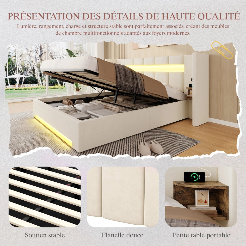 Letto Contenitore Matrimoniale 160x200 cm con USB; LED e Contenitori in Velluto Beige