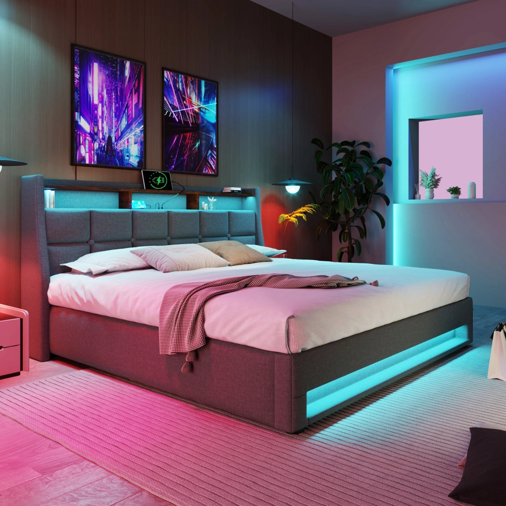LETTO Imbottito 140x200 cm Grigio in lino con LED e USB