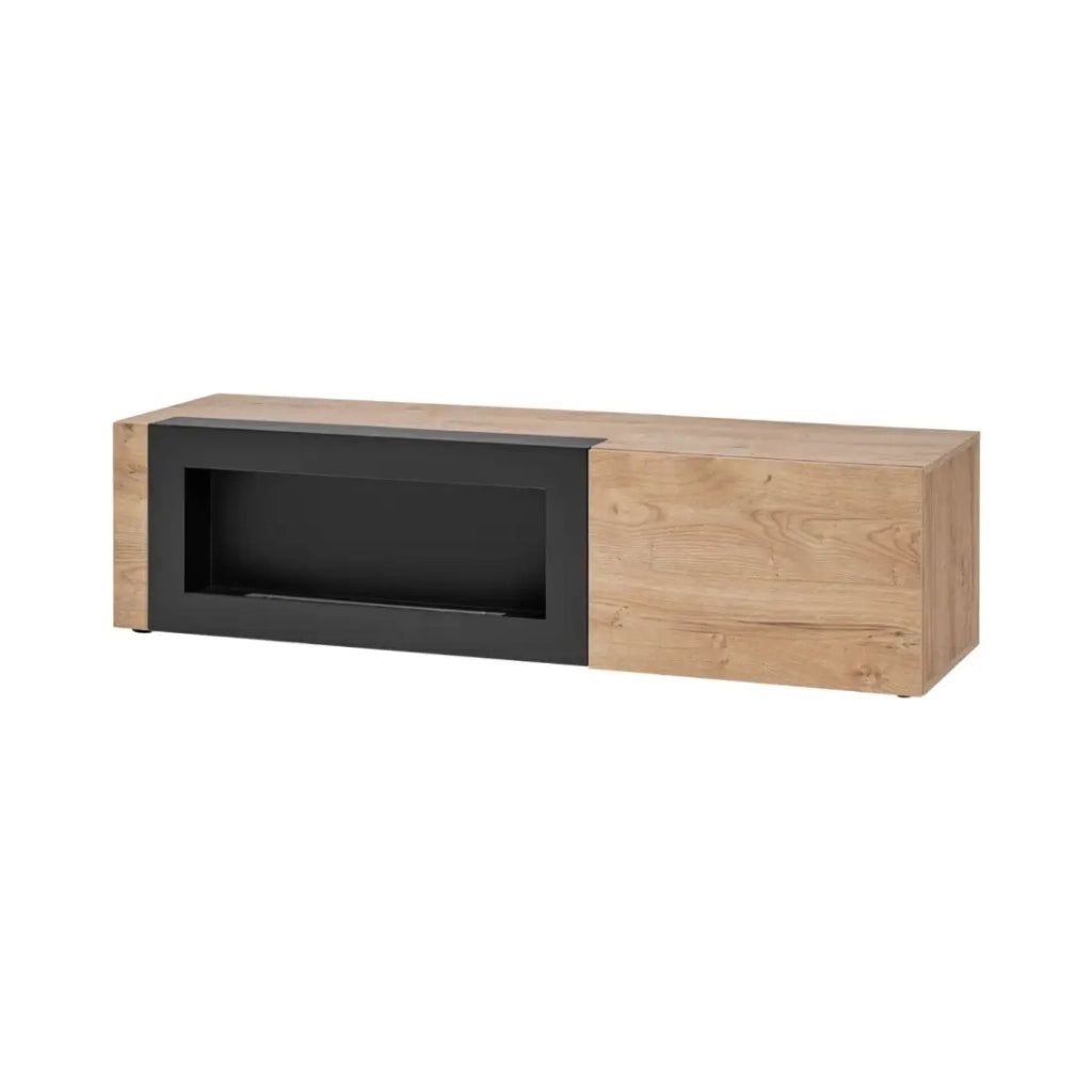 Salone completo DOUM – Buffet basso, vetrina, mobile TV con camino bio-etanolo, buffet alto e scaffale a muro – Rovere chiaro e nero