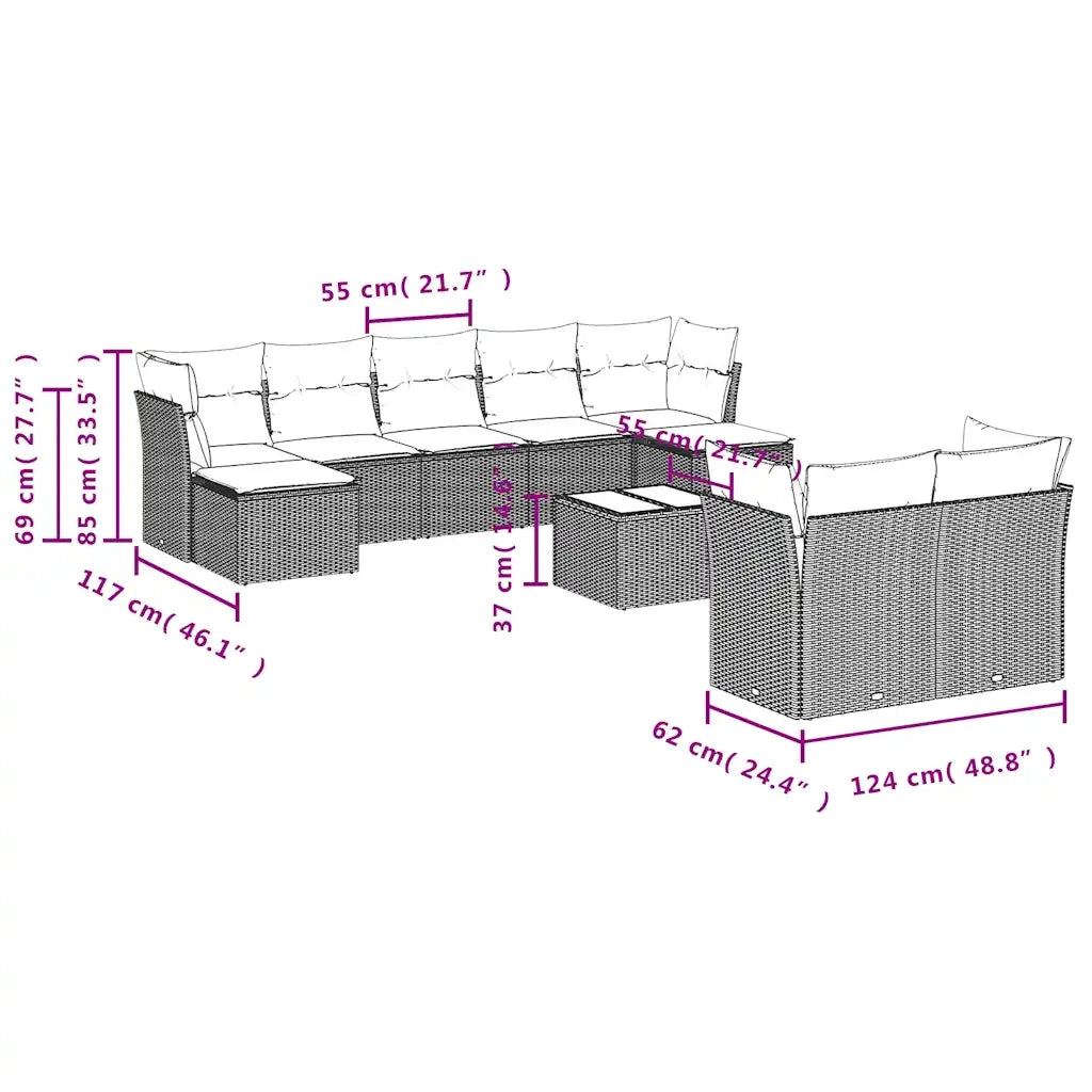 Set Divano da Giardino 10 pz con Cuscini Beige in Polyrattan
