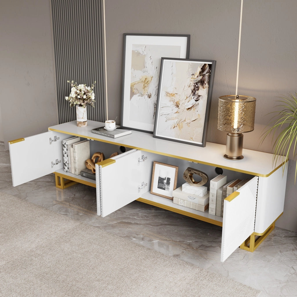 Mobile TV con 4 Ante e Passacavi; Rilievo Geometrico; Struttura in Metallo; in MDF; 160??37;5??48 cm; Bianco