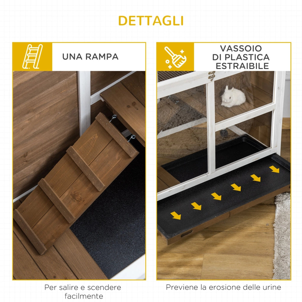 Conigliera a 2 Livelli con Casetta Rampa e Vassoio Estraibile 91,5x53,3x73 cm in Legno di Abete Marrone