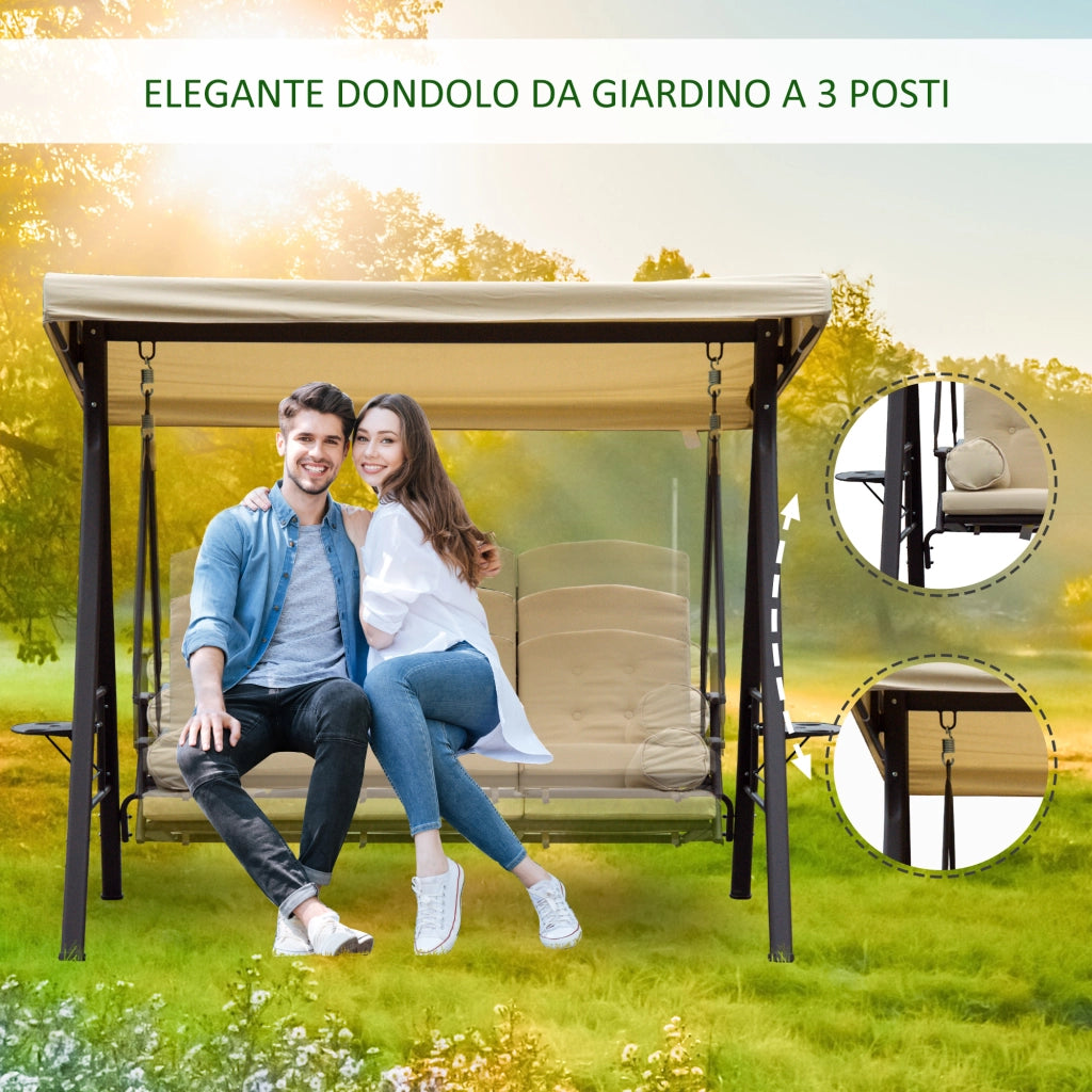 Easycomfort Dondolo da Giardino 3 Posti in Metallo, Dondolo da Esterno con Tetto Inclinabile e Cuscini Imbottiti, 208x121x172 cm, Beige