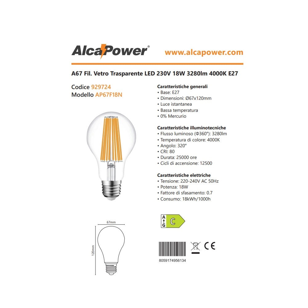 Alca power a67 18w 220v 3280lm 4000k e27 lampada classica a filamento a led