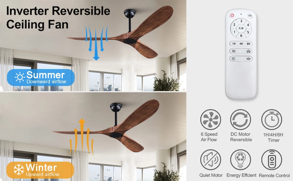 Ventilatore da soffitto 52 pollici senza luce, 6 velocit¨¤, motore DC reversibile silenzioso, moderno con telecomando, interni/esterni