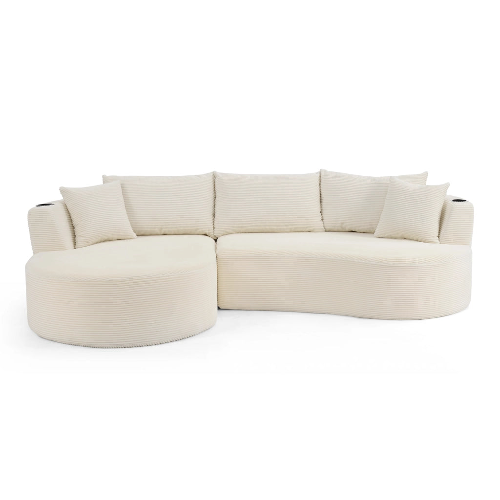 Divano 3 Posti con Chaise Longue Sinistra ¨C MINIMAL ¨C Velluto a Coste, Beige, con Cuscini e Portabicchieri