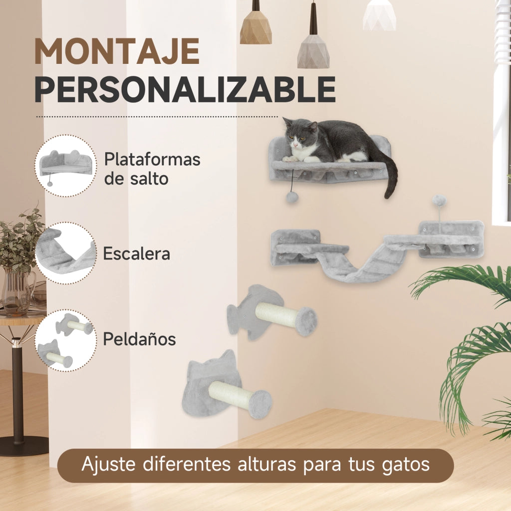 Parete Arrampicata Gatti con Pali Sisal ¨C Xylo ¨C Doppia Piattaforma Scala Grigio