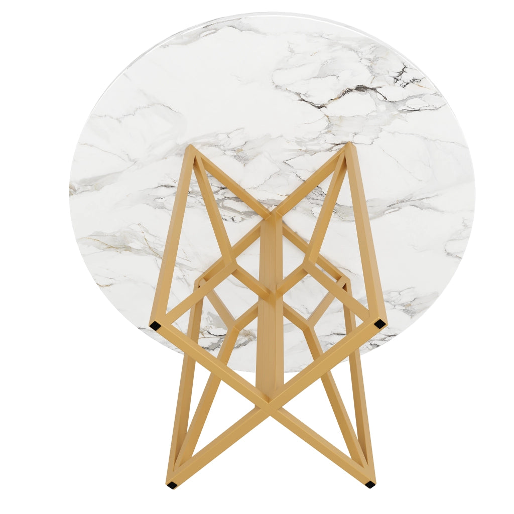 Tavolo da pranzo rotondo con piano in MDF effetto marmo e gambe in metallo regolabili per soggiorno, oro, 80 × 80 × 76 cm