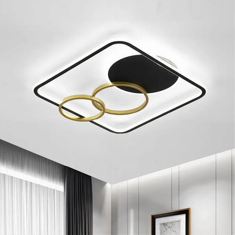 Trade Shop - Plafoniera Led 55w Quadrato Con Cerchi Nero Oro Lampada Soffitto Luce 6500k 70906 -