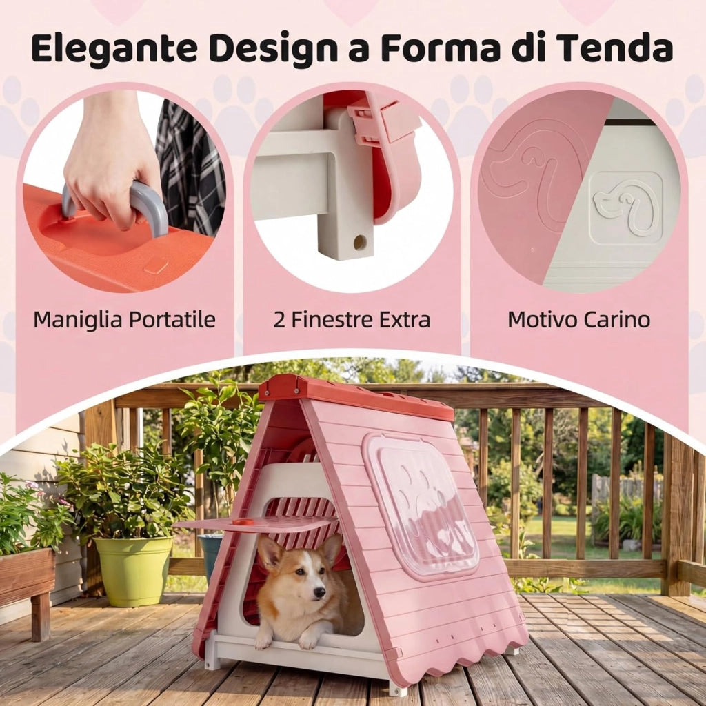 Cuccia Pieghevole per Cani, Casetta in Plastica per Cane con Porta a Battente Bloccabile e Finestre Ventilate, Cucce Impermeabile e Portatile per Cani Piccoli e Medi (Rosa)