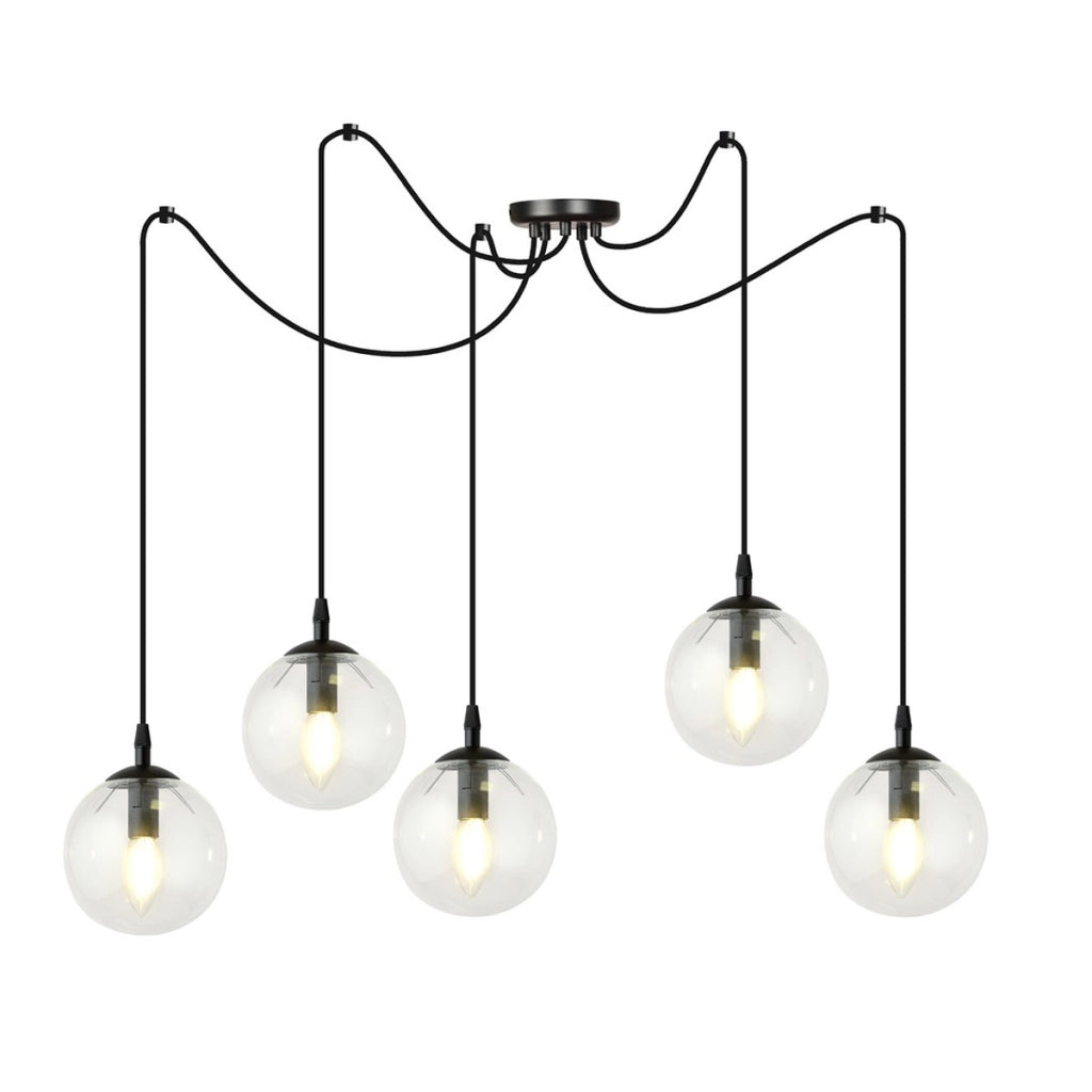 Lampada a sospensione Gigi 5 luci in acciaio nero e vetro trasparente