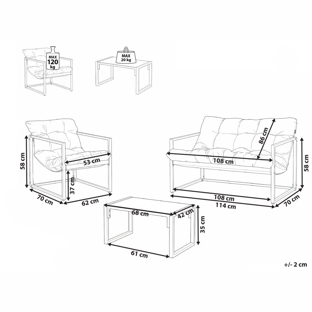 Set da giardino moderno a 4 posti in acciaio zincato con cuscini blu esterno elegante