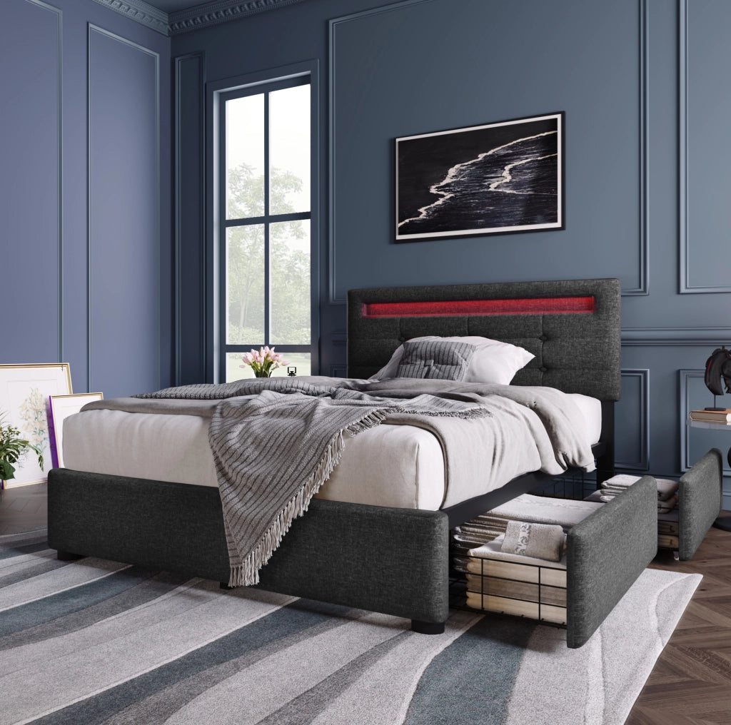 Letto singolo 90x200 cm grigio in lino, LED e 2 cassetti laterali, senza materasso