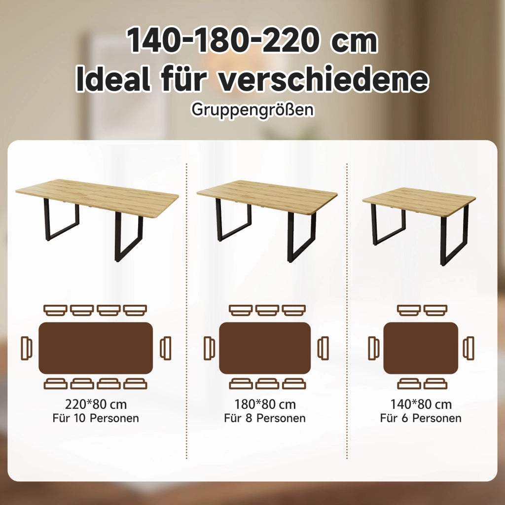 Tavolo da pranzo allungabile 140/180/220x80 cm; rettangolare per 6-10 persone; gambe in metallo; effetto legno naturale