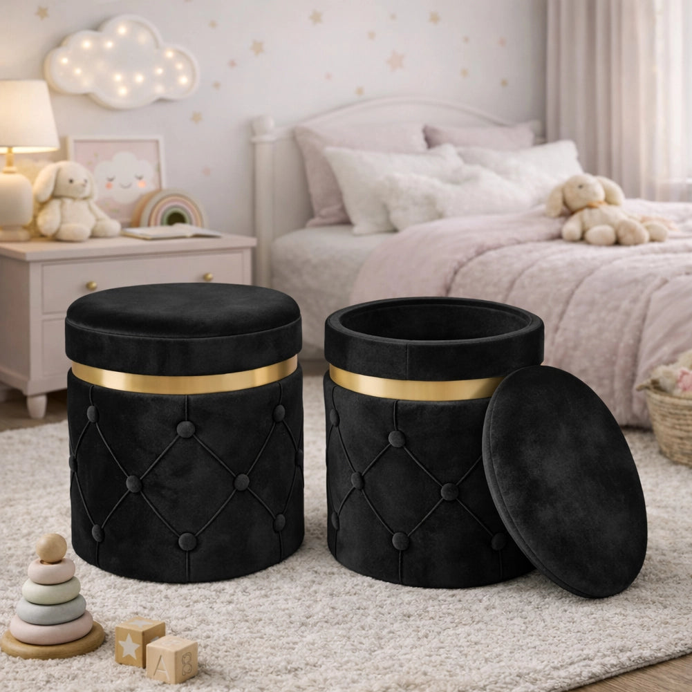 Set 2 Pouf Contenitori Nero in Velluto con Design Trapuntato 38x44cm 31x38cm