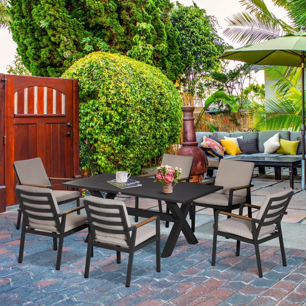 Set di mobili da giardino per 6 persone; 6 sedie; 1 tavolo; impermeabile; 175 cm x 92 cm x 73 cm; nero + grigio
