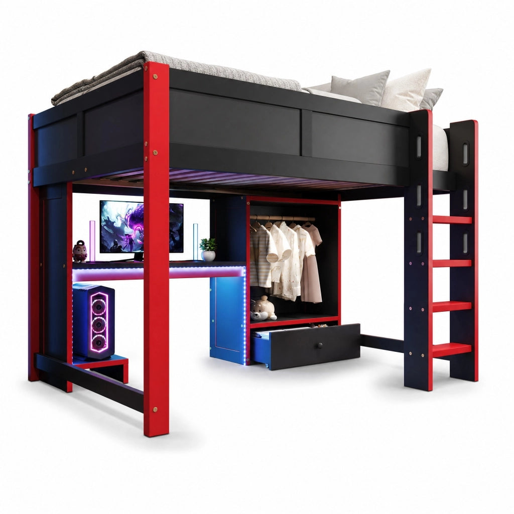 Letto a soppalco 140×200 cm con LED; scrivania; armadio e ripiani; senza materasso; nero e rosso