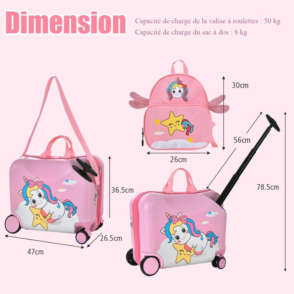 Set di Valigia Cavalcabile 18’’ + Zaino 12’’ per Bambini 2 Pezzi, Bagagli 2-in-1 di con Maniglia Telescopica e 4 Ruote, Trolley Bagaglio a Mano e Zaino per Bambini (Rosa Unicorno-C)