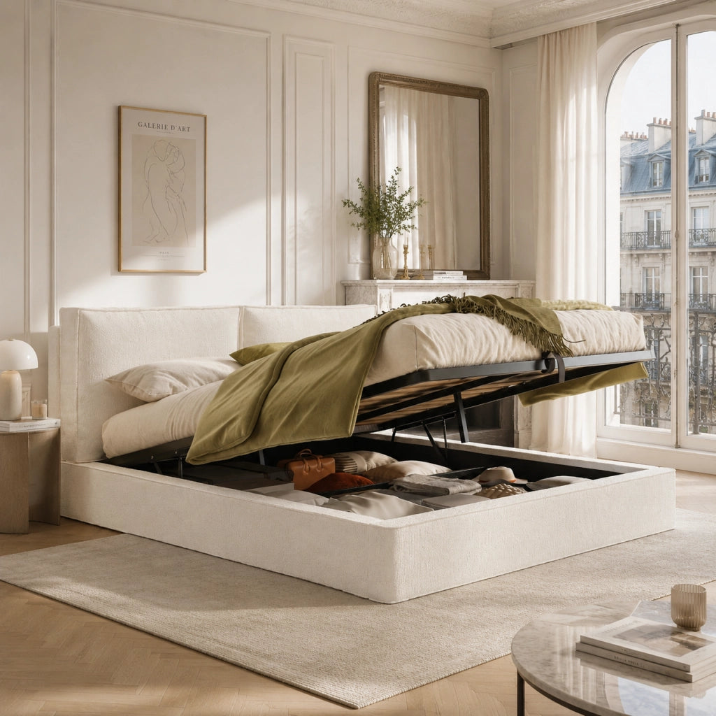 Letto matrimoniale contenitore 180 × 200 cm con vano salvaspazio e testiera imbottita, senza materasso, bouclé beige