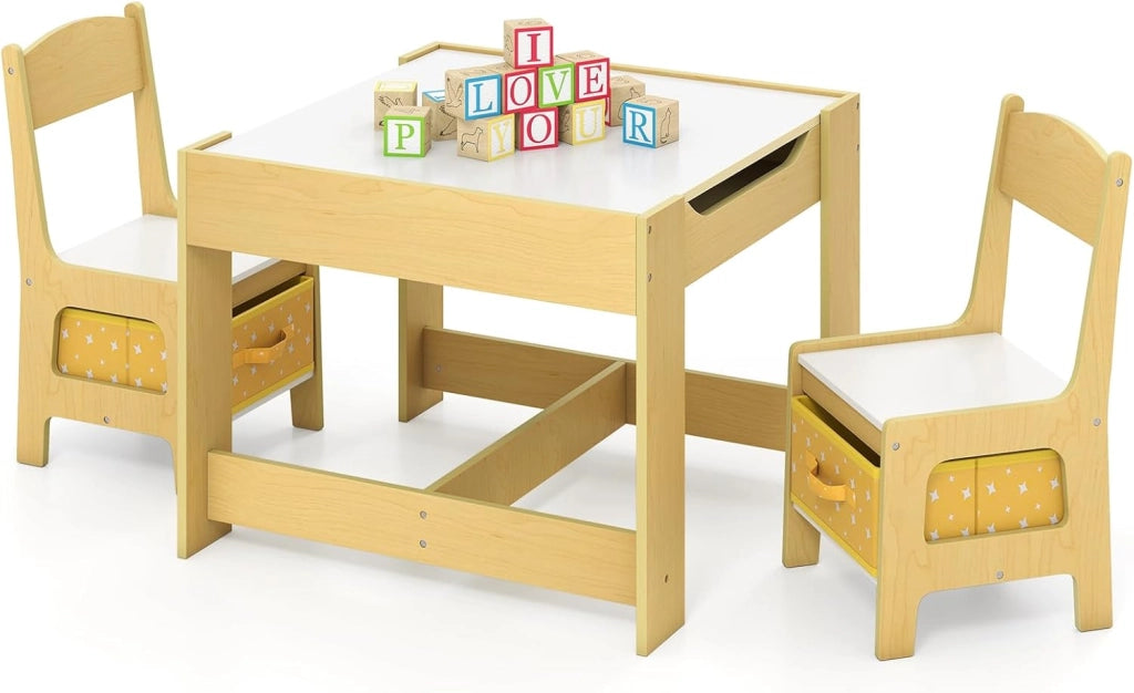 Tavolino Bambini 3 in 1, Set Tavolo e Sedie per Bambini con Lavagna Rimovibile e 2 Sedie con Cestini Portaoggetti, Scrivania Multiuso per Cameretta e Soggiorno (Legno)