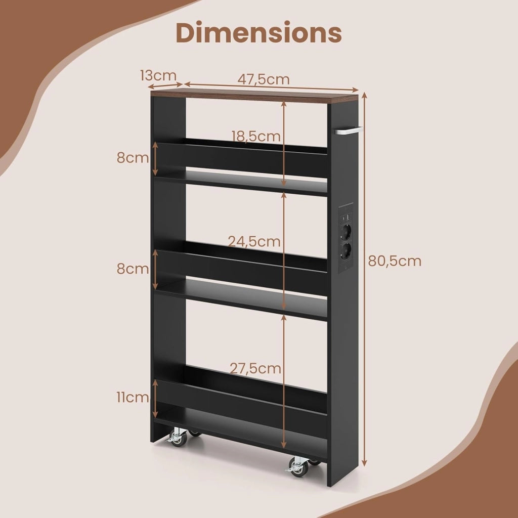 Scaffale per Nicchia da 20 cm di Larghezza, con Base di Ricarica, 4 Piani in Legno su Ruote, Scaffale Sottile per Cucina e Bagno, Carrello a Rotelle (Marrone+Nero, Largo 13 cm, con presa)