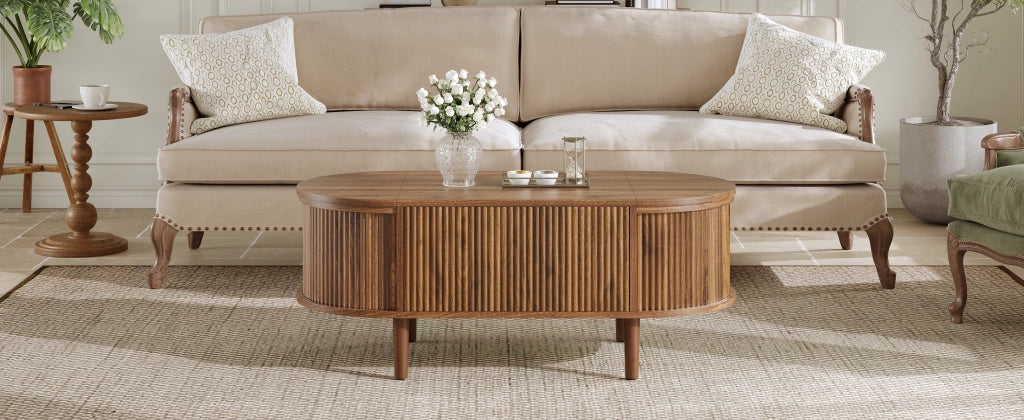Tavolino basso sollevabile con vani apribili e piano rialzabile, per soggiorno, in MDF, noce, 100 × 48 × 53,5 cm