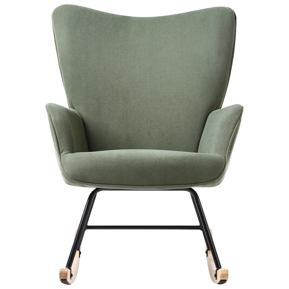 Poltrona a dondolo Verde Jumbo Corda Tappezzeria Metallo Gambe nere Confortevole Ampio schienale e braccioli Soggiorno Camera da letto