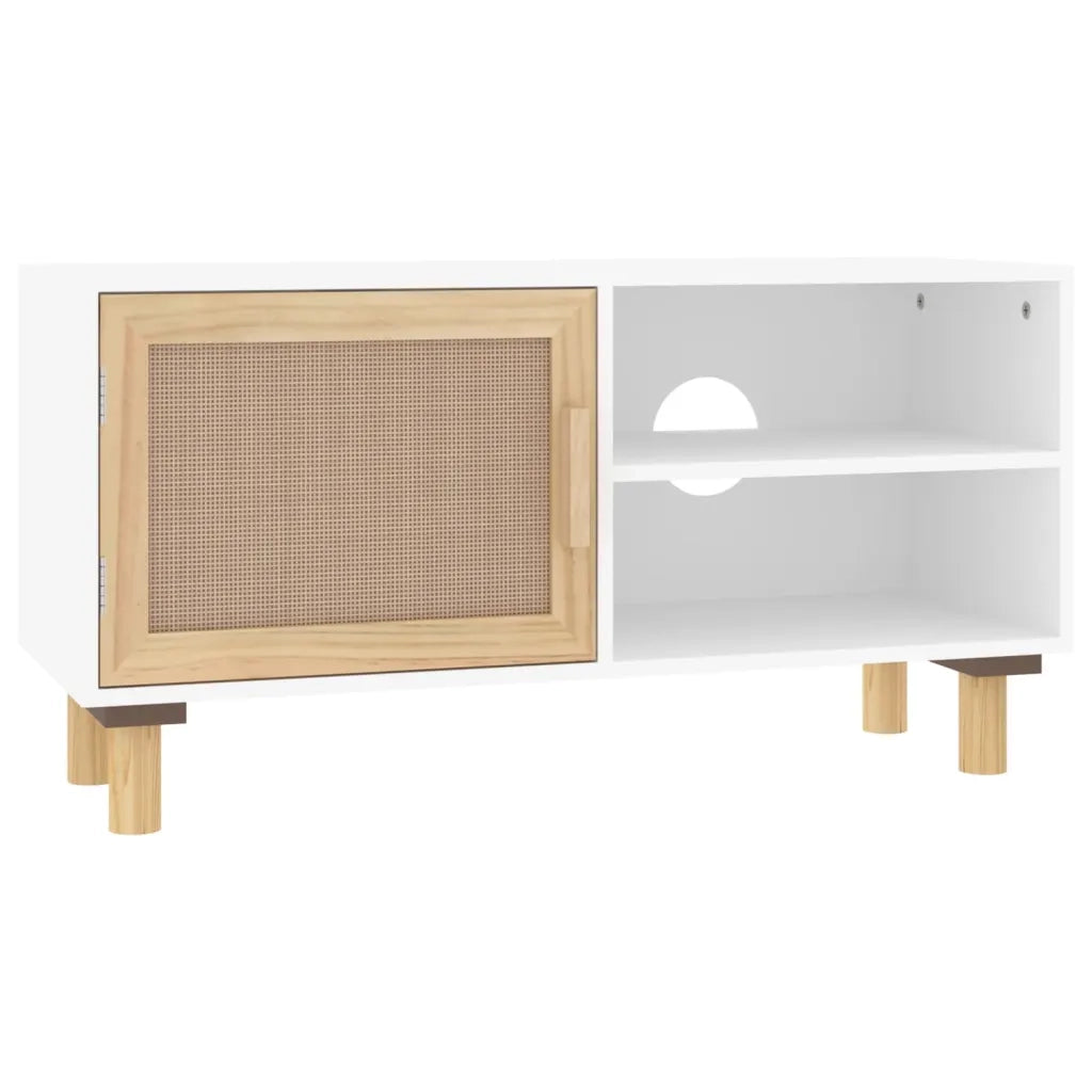 Mobile TV Bianco 80x30x40 cm Massello Pino e Rattan Naturale 345612