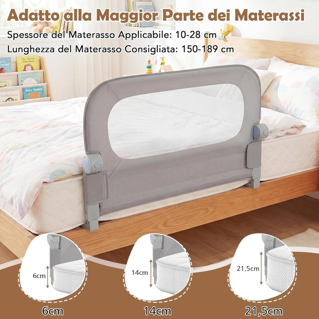 Sponda Letto per Bambini 80/120/150/180 cm, Barriera di Sicurezza per Neonati, Altezza Regolabile a 3 Livelli, Barriera Letto Pieghevole, con Cinghia di Sicurezza (80 cm,Grigio)