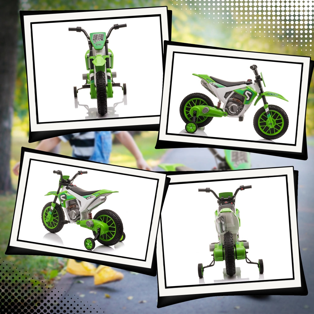 Moto Elettrica per Bambini con Ruotine di Sicurezza ¨C zephmum ¨C Verde e Bianco 106.5x51.5x68cm