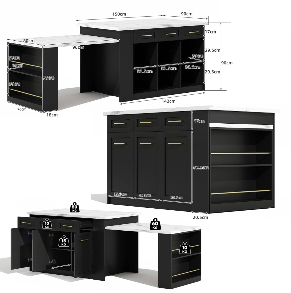 Isola cucina con tavolo estraibile e contenitore 150x90 cm