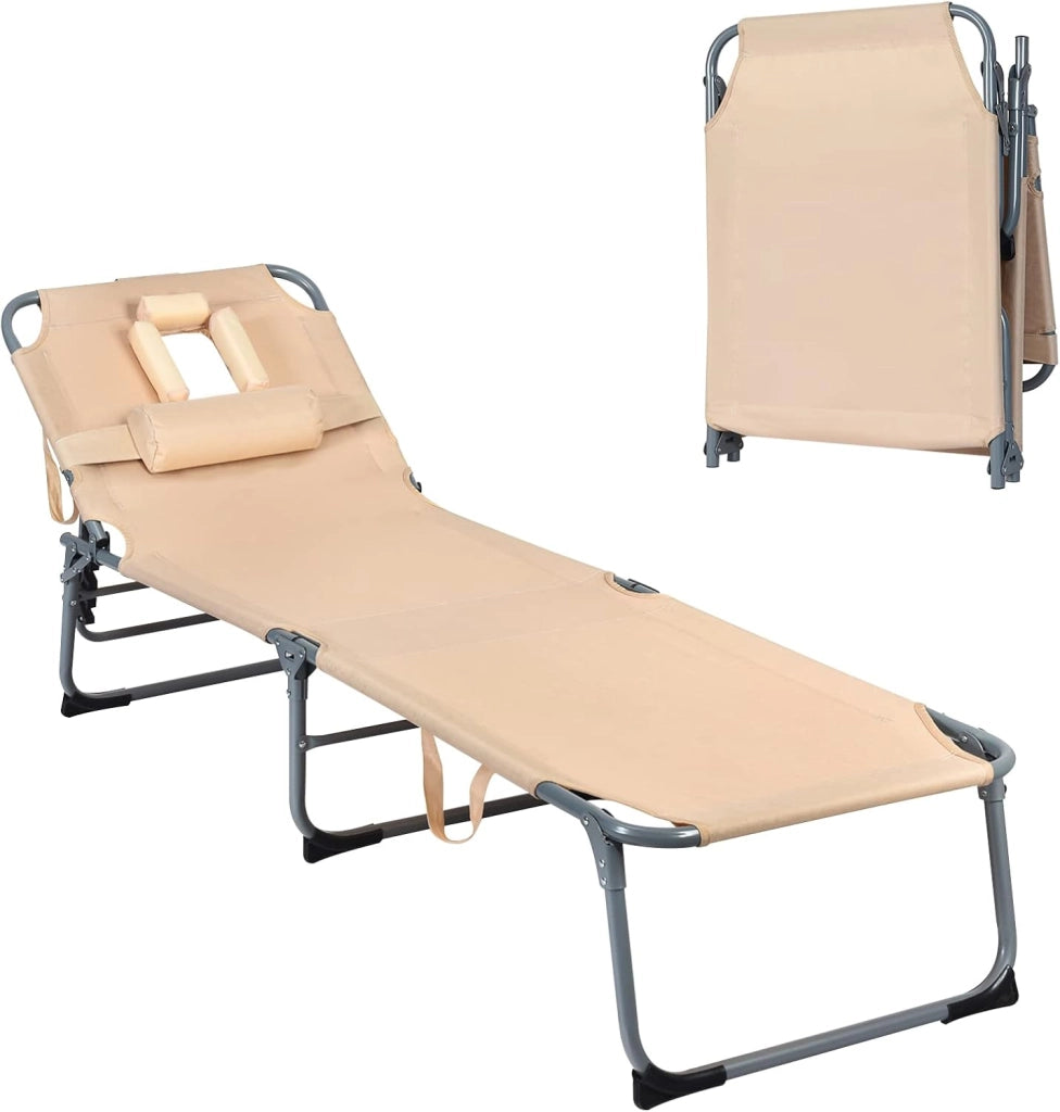 Lettino Prendisole Pieghevole, Sedia a Sdraio da Giardino con Foro per il Viso e Cuscini, Schienale Reclinabile, per Spiaggia Patio Piscina (beige)