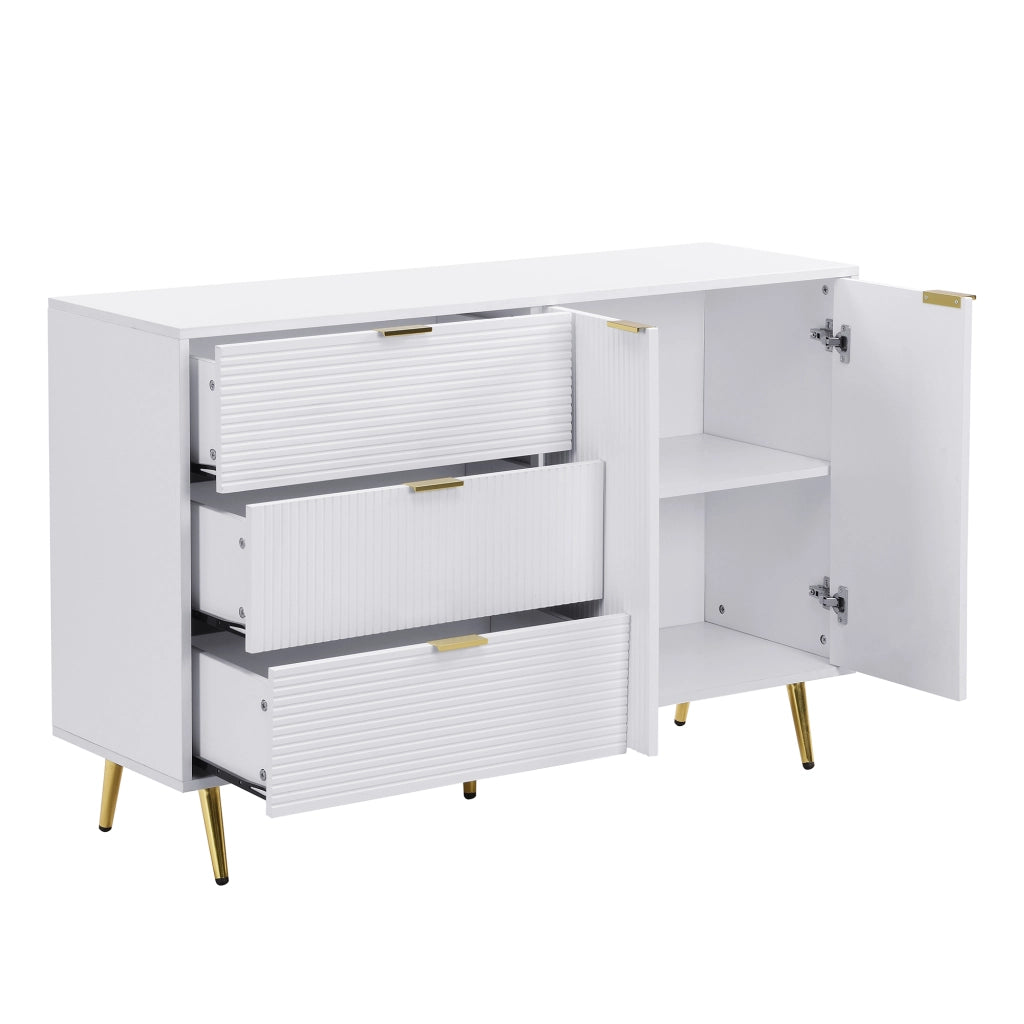 Credenza 3 cassetti 2 ante con ripiani, per soggiorno, in MDF, bianco e oro, 120 × 38 × 80,5 cm